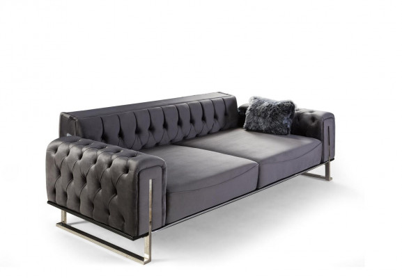 Luxe Chesterfield bank 3-zits grijs bankstel gestoffeerd textiel bankstellen