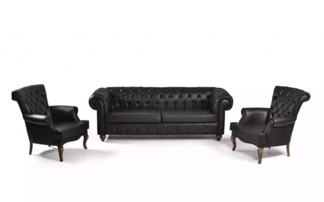 Zwarte Chesterfield driezits kantoorbank luxe zitplaats