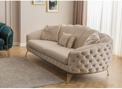 Moderne Chesterfield Beige Woonkamer Bankstel x2 3-Zits Gestoffeerde Fauteuil