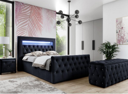 Zwart Chesterfield LED-stoffen bed 2x houten nachtkastjes krukje 4-delig