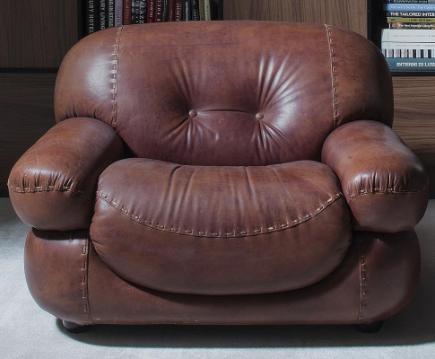 Vintage lederen fauteuil woonkamer echt leer bekleding televisie Italiaanse meubels nieuw