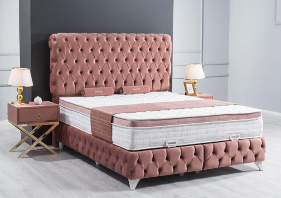 Boxspring Rosa Chesterfield Bed Elegante Design Luxe 2x Nachtkastjes 3-delig.