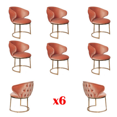 Eetkamerset 6x stoelen Stof Luxe fauteuil Roze Woonkamer meubels