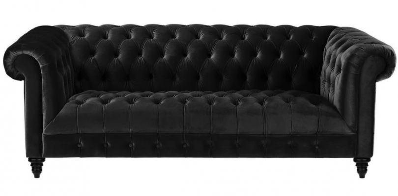 Zwarte fluwelen bank Luxe gestoffeerde Chesterfield meubelbank met knopen voor drie personen