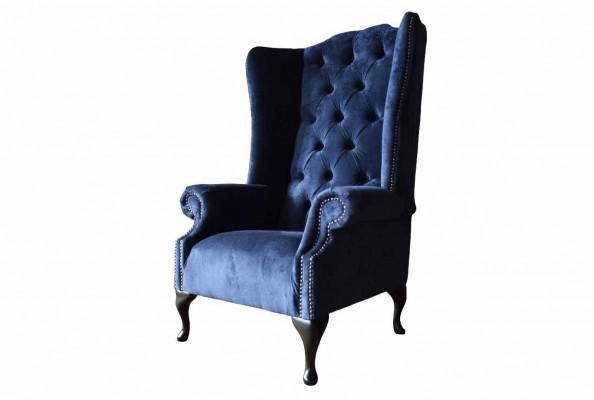 Chesterfield design fauteuil bekleding luxe blauw textiel bank oorfauteuil