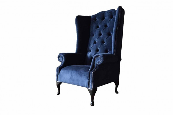 Chesterfield design fauteuil bekleding luxe blauw textiel bank oorfauteuil