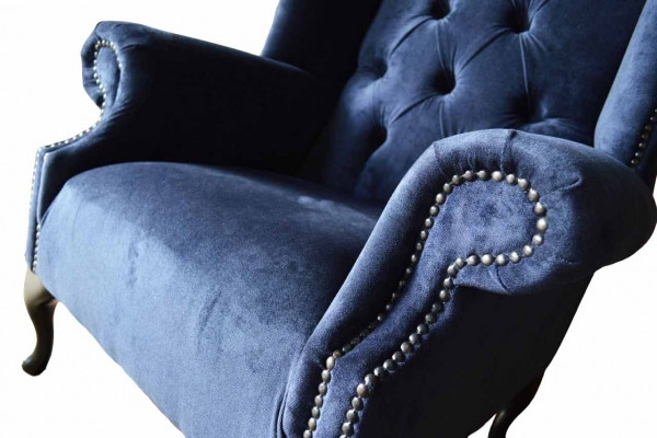 Chesterfield design fauteuil bekleding luxe blauw textiel bank oorfauteuil