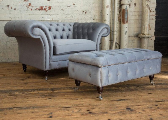 Chesterfield hocker voetstoel poef ottoman bijzet relax textiel leer nieuw