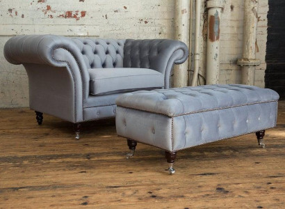 Chesterfield hocker voetstoel poef ottoman bijzet relax textiel leer nieuw