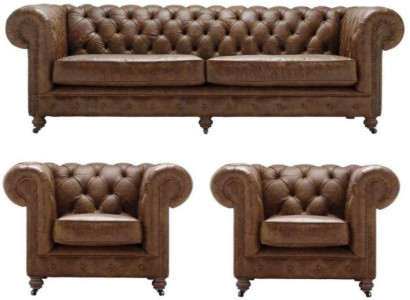 Antieke Stijl Chesterfield Bankstel Bank Bekleding Set Ledersofa