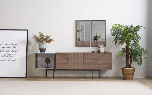 Bruine eethoek set, designer houten dressoir met luxe spiegel, 2-delig.