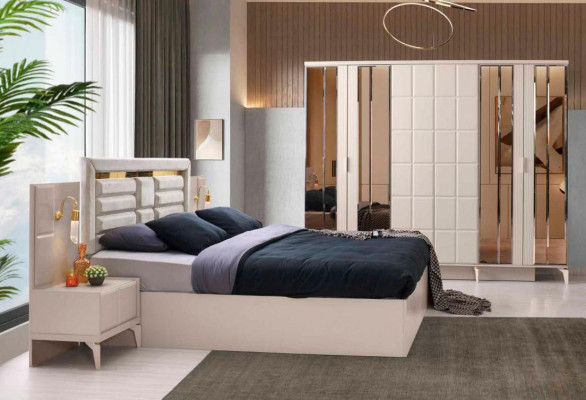 Slaapkamer-Set 4-delig Beige Bed Nachtkastjes Kledingkast Modern Design Stijl