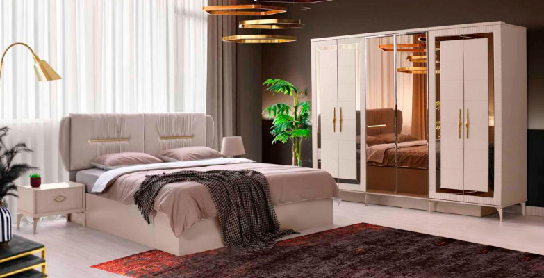 Slaapkamer Beige Set 4-dlg Bed Nachtkastjes Kledingkast Modern Ontwerp