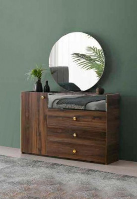 Slaapkamer dressoir met ronde spiegel bruin modern rechthoekig design stijl