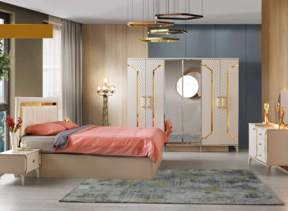 Slaapkamer set 5-delig Bed Nachtkastjes Kledingkast Dressoir met Spiegel Beige