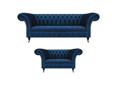 Adellijke Chesterfield bankstel designer blauwe driezitsbank 2-zitsbekleding