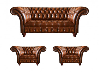 Bruine woonkamer Chesterfield set 2x lederen fauteuils Elegante driezitsbank