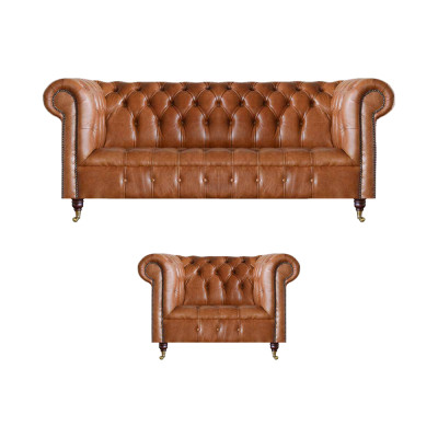 Bruine stijlvolle Chesterfield-leren sofa's complete zithoek 2-delig.