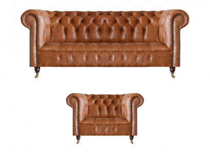 Bruine stijlvolle Chesterfield-leren sofa's complete zithoek 2-delig.