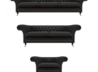 Zwarte Chesterfield stoffen banken, elegant meubelset, designbanken, 3-delig.