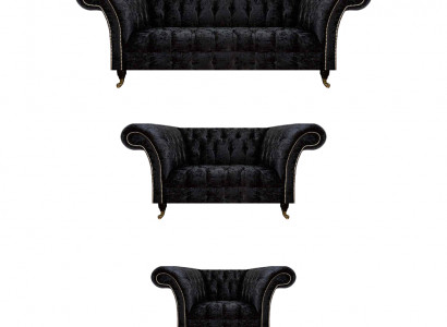 Zwart textiel Chesterfield garnituur luxe driezits leunstoel 3-delig