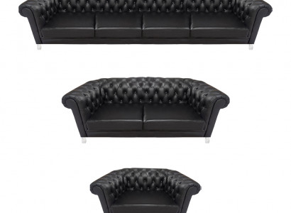 Zwarte Chesterfield lederen set designer 4-zits tweezits fauteuil.