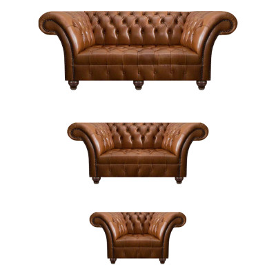 Moderne Chesterfield Lederen Banken Designer Fauteuil Tweezitsbank 3-delig Set