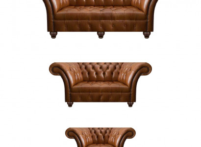 Moderne Chesterfield Lederen Banken Designer Fauteuil Tweezitsbank 3-delig Set