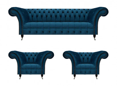 Chesterfield Blauwe Zithoek Moderne Complete Woonkamer Bankstel Set