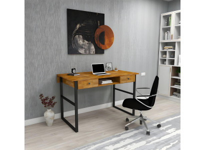 Bruine houten tafel met 2 laden, design kantoormeubilair luxe bureau.