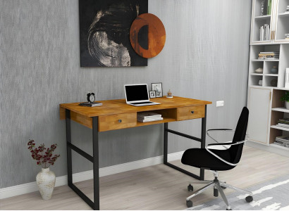 Bruine houten tafel met 2 laden, design kantoormeubilair luxe bureau.