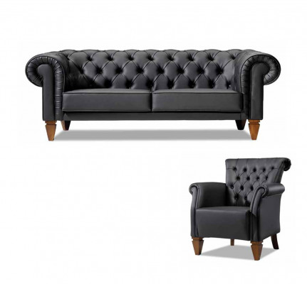 Zwarte Chesterfield zitgroep lederen sofa moderne eenzitter 2-delige set