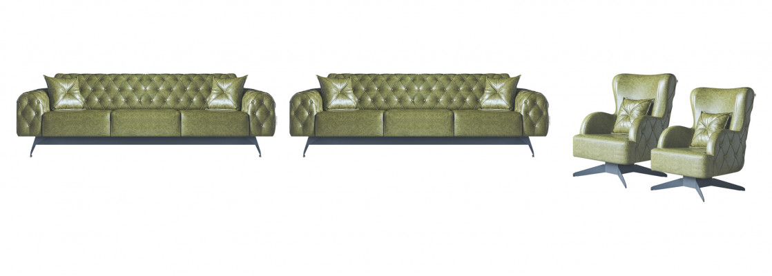 Sofa-set bank 3-zits leren fauteuil groen klassiek Chesterfield gestoffeerd 4-delig.