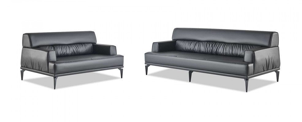 Sofa-set Modern 3-zits 2-zits Zwart Banken Leer Roestvrij staal Hout