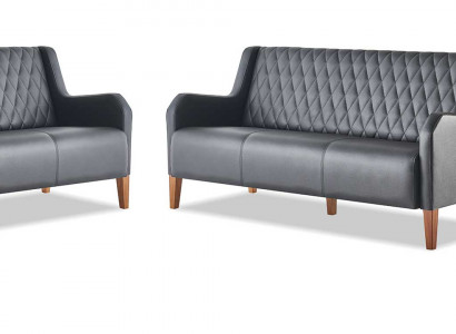 Bankstellen-set 3-zits fauteuil zwart leer modern houten sofa's