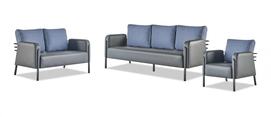 Modernere bankstel 3-zits 2-zits fauteuil blauw grijs leer roestvrij staal