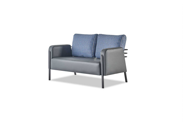 Modernere bankstel 3-zits 2-zits fauteuil blauw grijs leer roestvrij staal