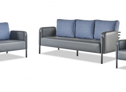 Modernere bankstel 3-zits 2-zits fauteuil blauw grijs leer roestvrij staal