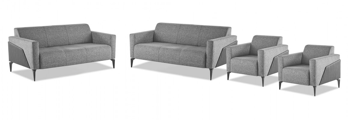 Zitmeubel Compleet Modern Set 3-Zitsbank Fauteuil Grijs Textiel RVS Leder