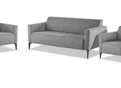 Zitmeubel Compleet Modern Set 3-Zitsbank Fauteuil Grijs Textiel RVS Leder